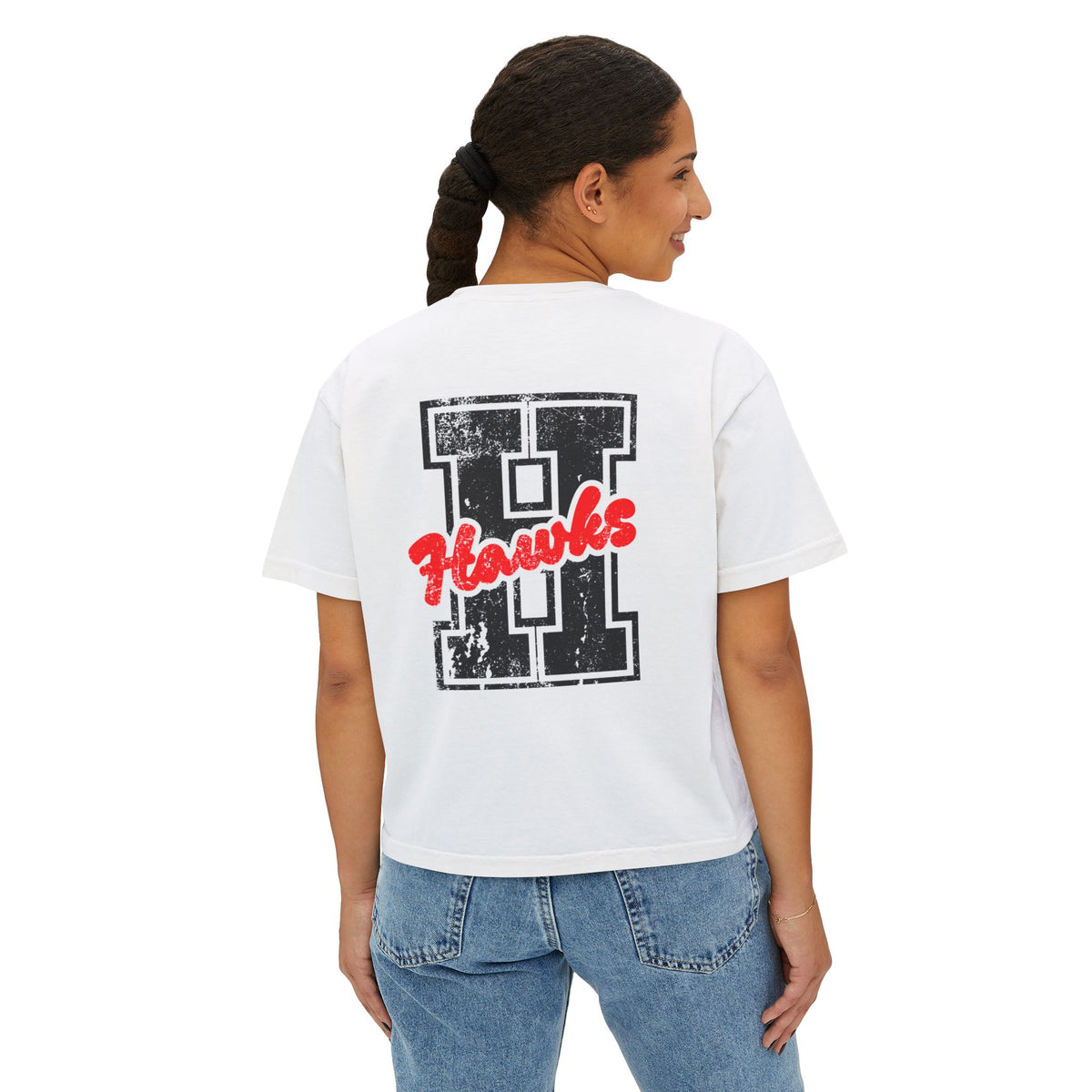 Hawks Boxy Tee — Vintage Distressed 'H' Graphic Women's T-Shirt