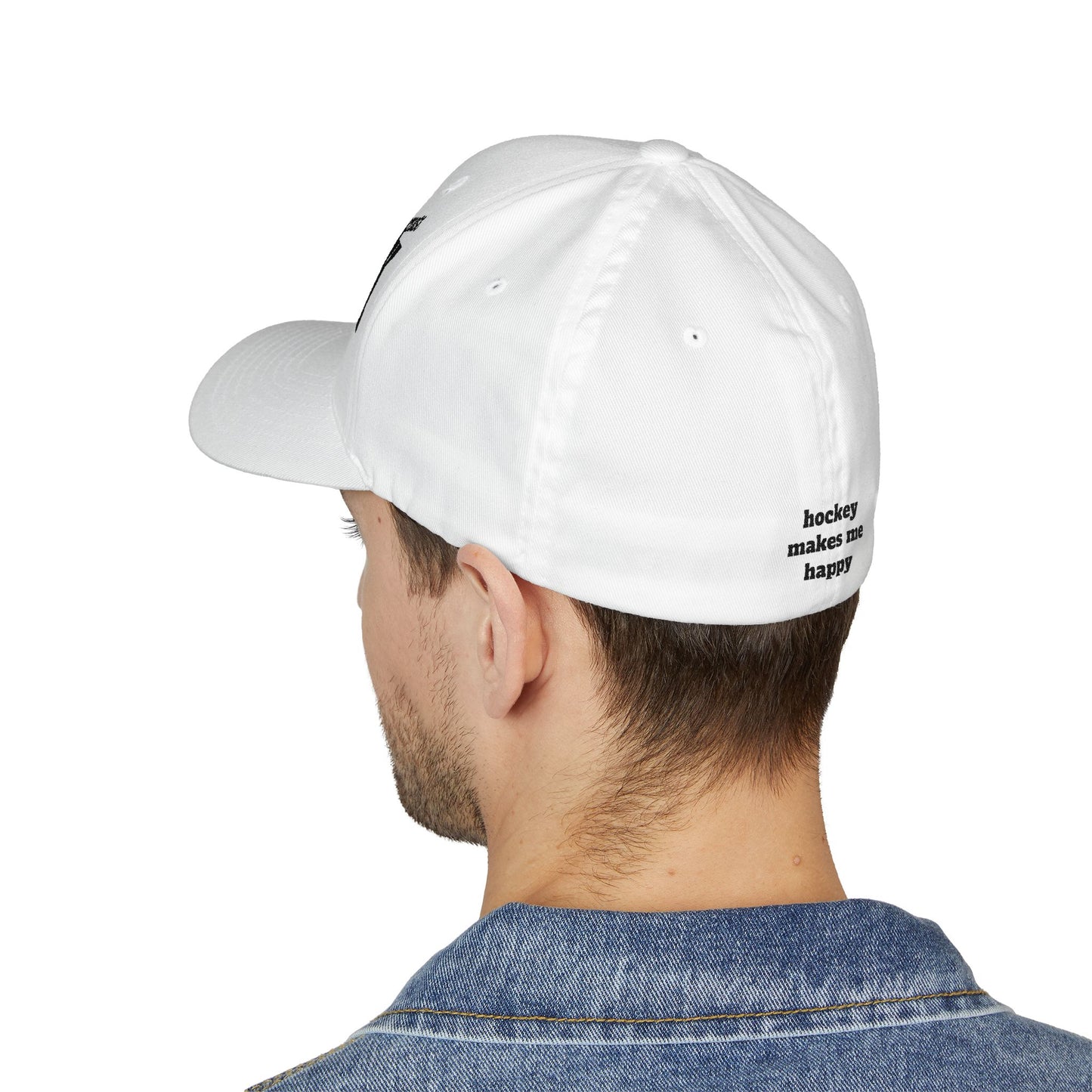 Hockey = Happy Black Embroidered Flexfit Hat