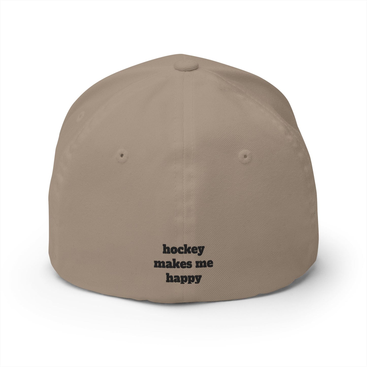 Hockey = Happy Black Embroidered Flexfit Hat