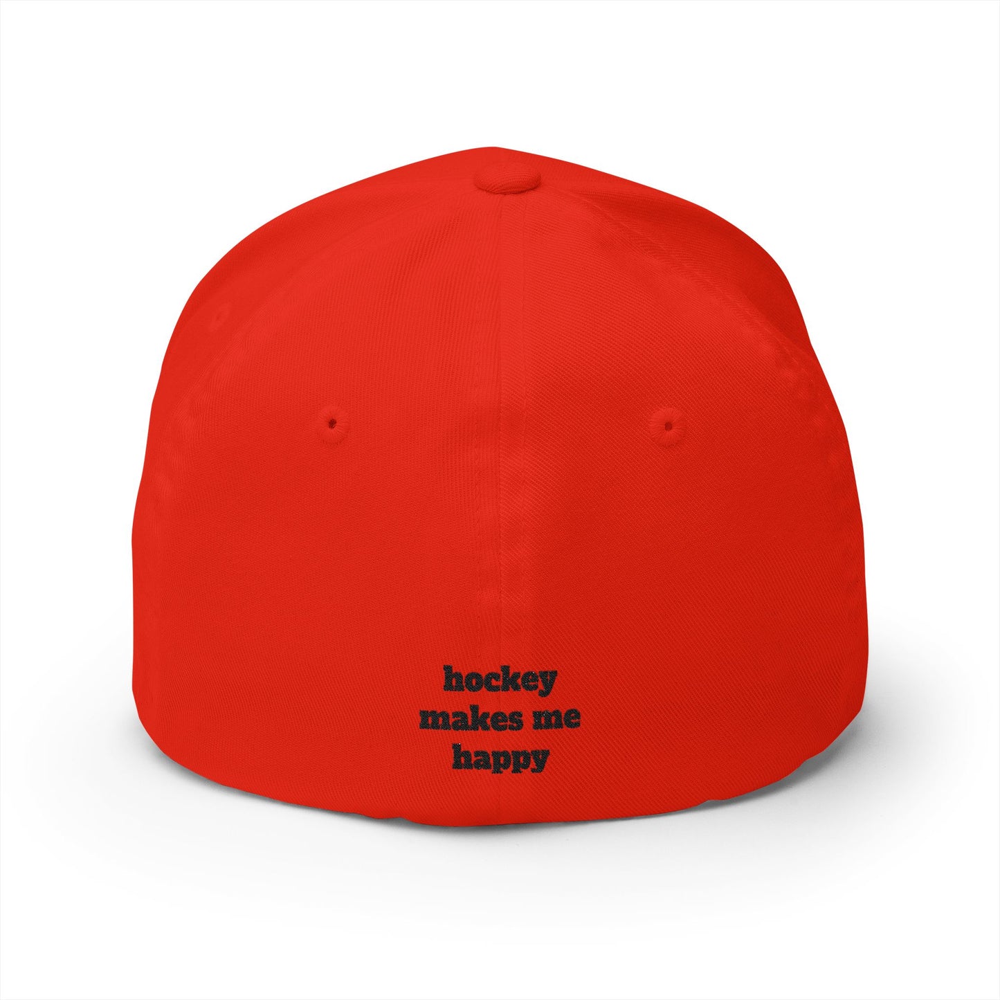 Hockey = Happy Black Embroidered Flexfit Hat