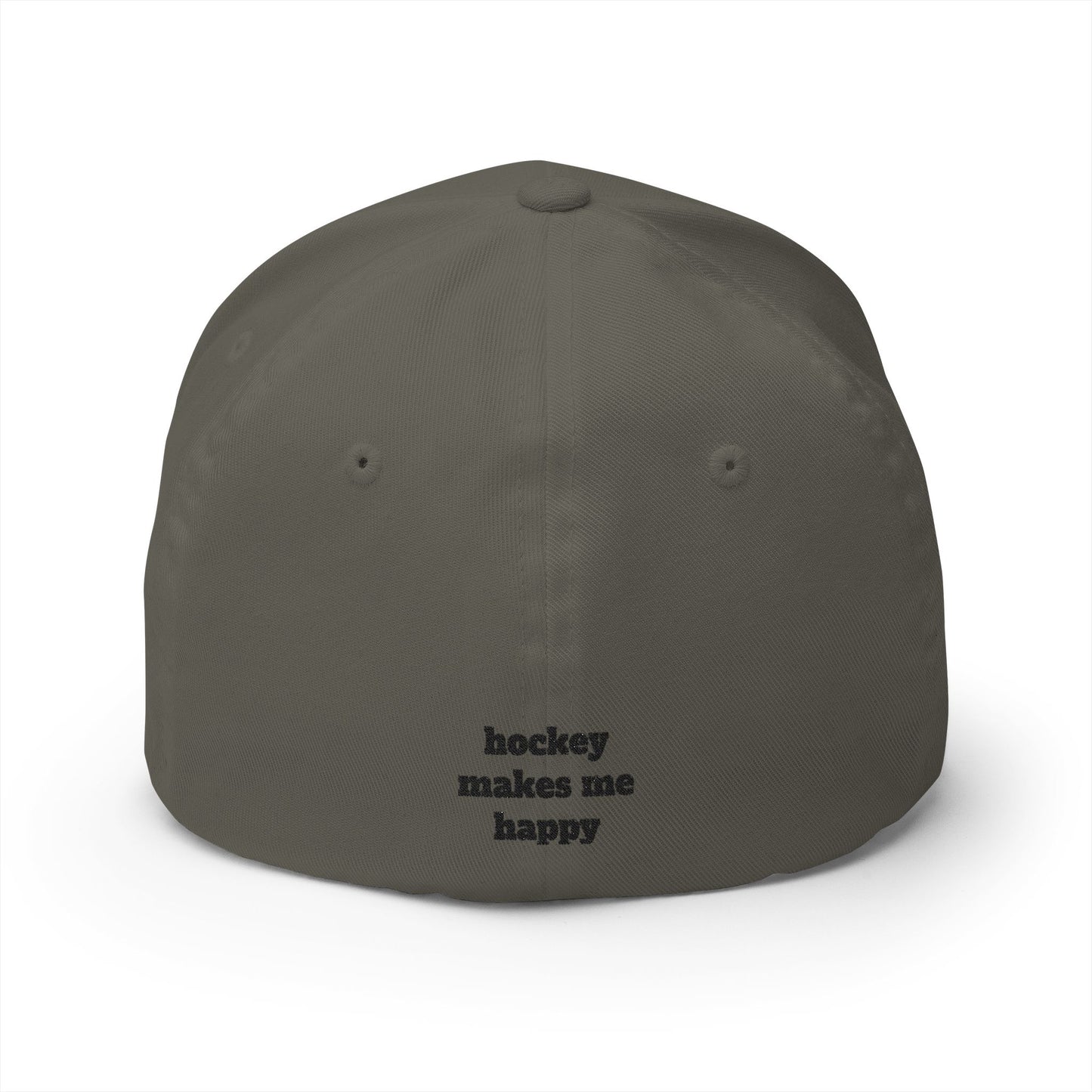 Hockey = Happy Black Embroidered Flexfit Hat
